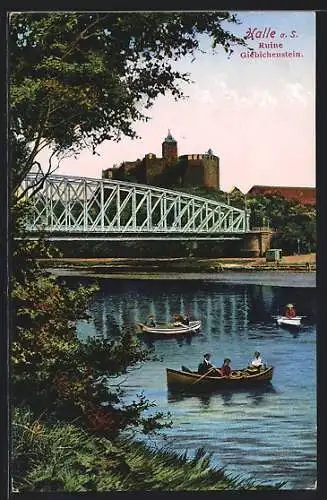 AK Halle a. Saale, Ruine Giebichenstein, Brücke, Ausflügler