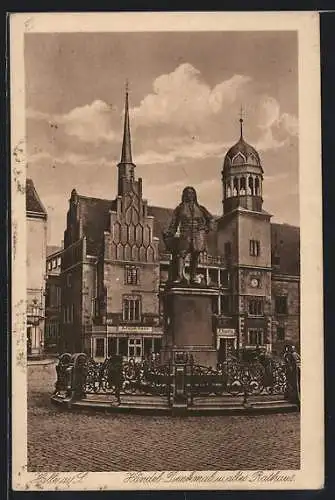 AK Halle a. S., Händel-Denkmal und altes Rathaus