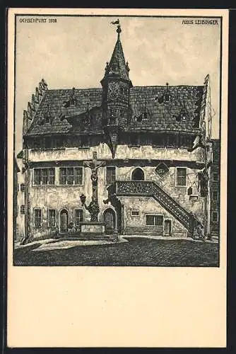 Künstler-AK Ochsenfurt a. M., Rathaus mit Denkmal