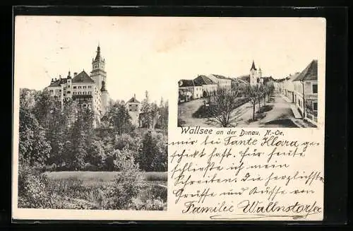 AK Wallsee a. d. Donau, Blick zum Schloss, Ortspartie