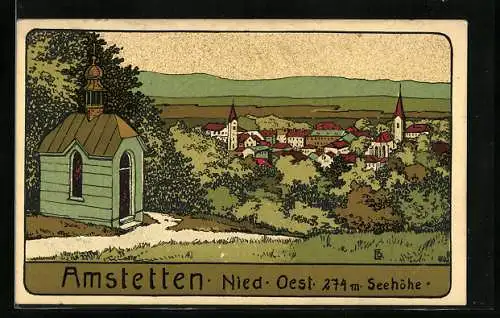 Künstler-AK Amstetten /Nied. Oest., Ortsansicht von einer Anhöhe mit kleiner Kapelle