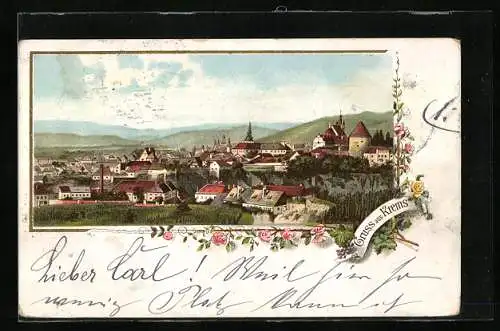 Lithographie Krems /Donau, Ortsansicht mit Rosendekoration