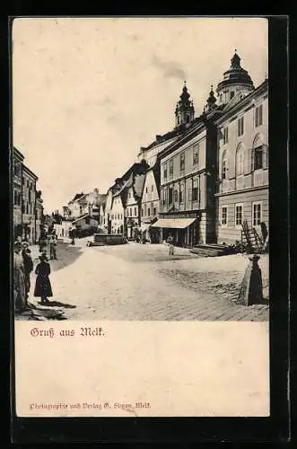 AK Melk, Strassenpartie mit Passanten