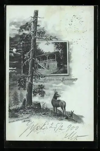Mondschein-AK Anninger, Hirsch mit Kuh und Schutzhütte