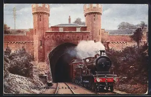 Künstler-AK englische Eisenbahn mit Kennung 54 der Gesellschaft L.B. & S.C.R at the Claytontunnel