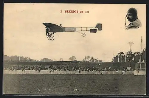 AK Pilot Blériot in seinem Flugzeug kurz vor der Landung