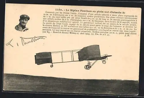 AK Biplan Paulhan en plein vol