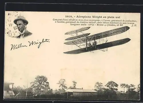 AK Wright Doppeldecker-Flugzeug beim Landeanflug