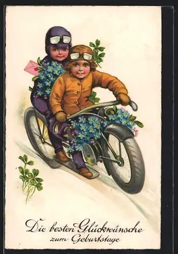 Künstler-AK Junge und Mädchen auf einem Motorrad, Glückwunsch zum Geburtstag