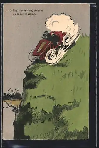 Künstler-AK Auto braust einen Abhang hinunter