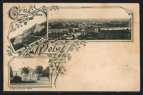 AK Wels, Ansicht der Burg, Volksgarten, Panorama vom Ort