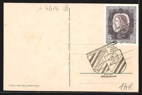 AK Marchtrenk /Ob.-Oe., Strassenpartie mit Kirche und Tabak-Handlung