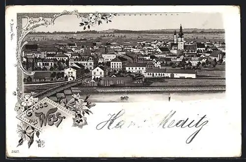 Lithographie Wels, Gesamtansicht mit Brücke aus der Vogelschau