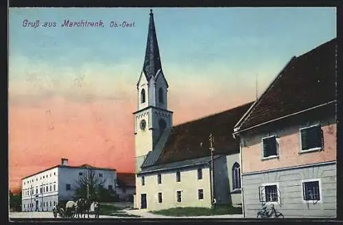 AK Marchtrenk, Strassenpartie mit Kirche und Pferdewagen