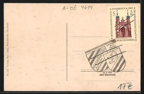 AK Marchtrenk, Strassenpartie mit Kirche und Pferdewagen