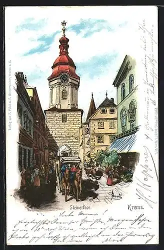Lithographie Krems /Donau, Steinerthor, Pferdekutsche