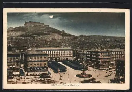 AK Napoli, Piazza Municipio, Strassenbahn