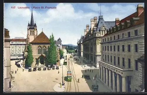 AK Lausanne, Place St. Francois, Strassenbahn