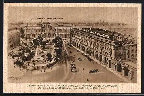 Künstler-AK Torino, Grand Hotel Roma e Rocca Cavour & Stazione Princip. Porta Nuova, Strassenbahn
