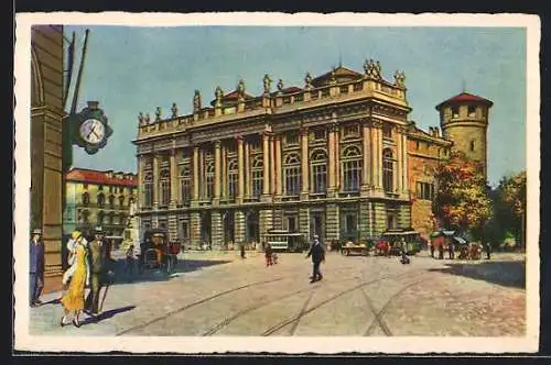 Künstler-AK Torino, Palazzo Madama, Strassenbahn