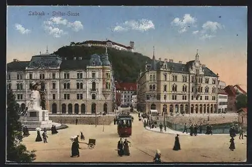 AK Laibach, Strasse Stritar-Gasse mit Denkmal und Strassenbahn