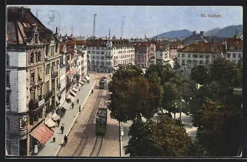AK St. Gallen, Strassenpartie mit Strassenbahn
