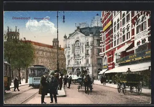 AK Düsseldorf, Strassenbahn & Pferdekutschen auf dem Bahnhofsplatz