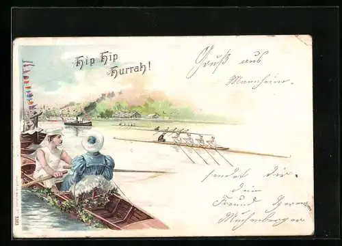 Lithographie Hip Hip Hurrah!, Ruderer auf Binnengewässer