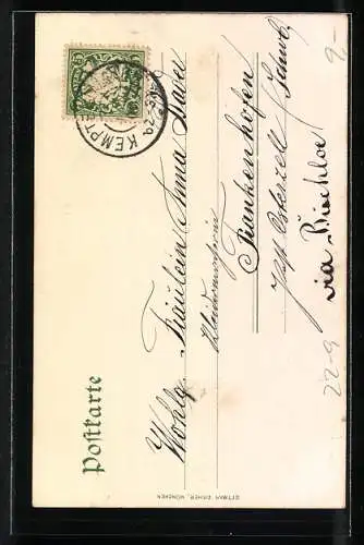 Lithographie Verband des bayer. Post- & Telegraphen-Personals, Frau mit Posthorn unter der Telegraphenleitung, Wappen