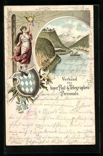 Lithographie Verband des Bayrischen Post- und Telegraphen-Personals, Blick in ein Flusstal