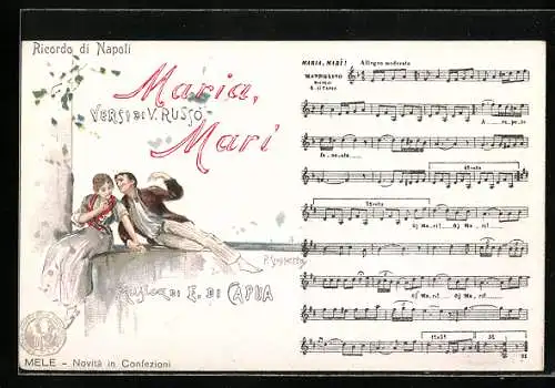 Lithographie Neapel / Napoli, Lied Maria, Mari, junger Mann flirtet mit schönem Mädchen