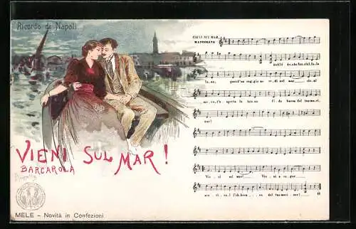 Künstler-AK sign. Scoppetta: Neapel, Paar im Boot, Lied: Vieni sul Mar mit Noten