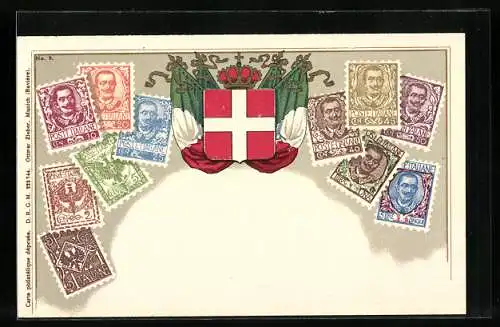 AK Italien, Briefmarken mit Wappen