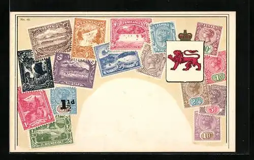 AK Briefmarken Tasmania und Lake Marion, Wappen und Krone