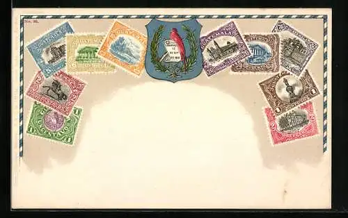 AK Guatemala, Briefmarken aus Guatemala mit Wappen