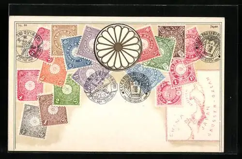 AK Japanische Briefmarken, Landkarte mit Japan, japanisches Symbol