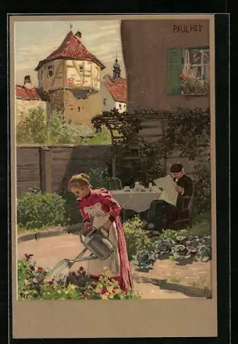 Künstler-AK P. Hey: Aus der Kleinstadt, Frau giesst Blumen, Mann liest Zeitung