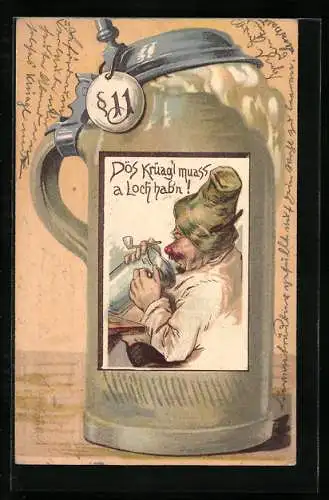 Präge-AK Betrunkener mit Tabakspfeife im Bierkrug, Brauerei, Passepartout