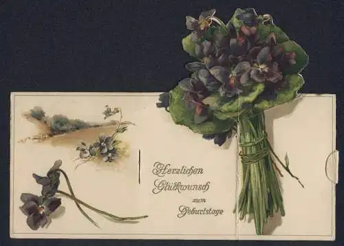 Mechanische-AK Ein Strauss Veilchen mit Pop-Up-Effekt beim Aufklappen, Geburtstagskarte