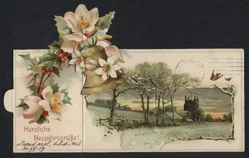 Mechanische-AK Ortschaft im Schnee, Stechpalme und Glocke mit Pop-Up-Effekt, Neujahrskarte