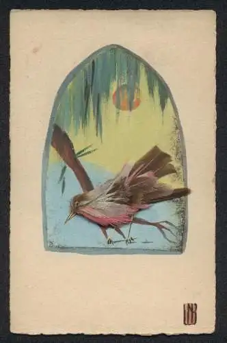 Echtfeder-AK Ein Vogel aus echten Federn auf dem Ast einer Trauerweide