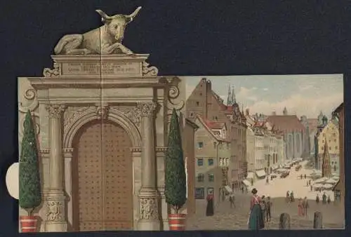 Mechanische-AK Nürnberg, Blick auf den Marktplatz, herrschaftliches Portal mit mechanischer Rinderstatue, Pop-Up