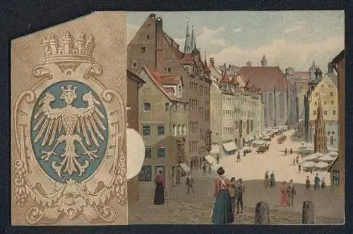 Mechanische-AK Nürnberg, Blick auf den Marktplatz, herrschaftliches Portal mit mechanischer Rinderstatue, Pop-Up