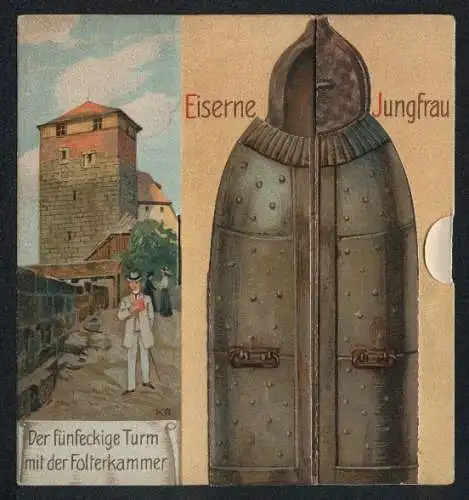 Klapp-Lithographie Eiserne Jungfrau, fünfeckiger Turm mit Folterkammer