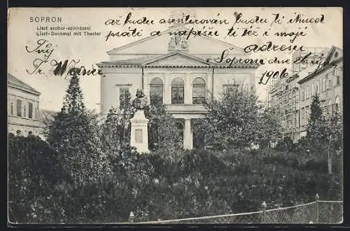 AK Sopron, Liszt-Denkmal mit Theater