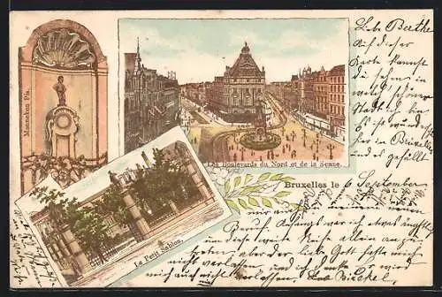 Lithographie Brüssel / Bruxelles, Les Boulevards du Nord et de la Senne, Le Petit Sablou, Manneken Pis