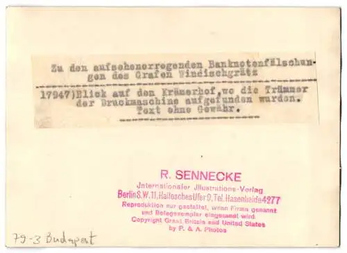 Fotografie R. Sennecke, Berlin, Ansicht Budapest, Überreste der Geldfälscher-Werkstatt des Grafen Windischgrätz
