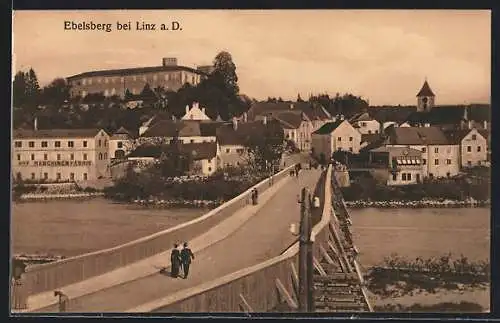 AK Ebelsberg bei Linz, Uferpartie mit Brücke