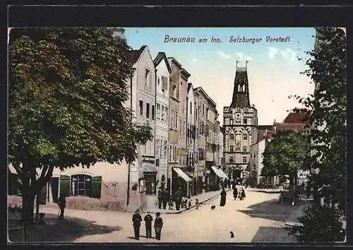 AK Braunau am Inn, Strassenpartie mit Geschäften in der Salzburger Vorstadt