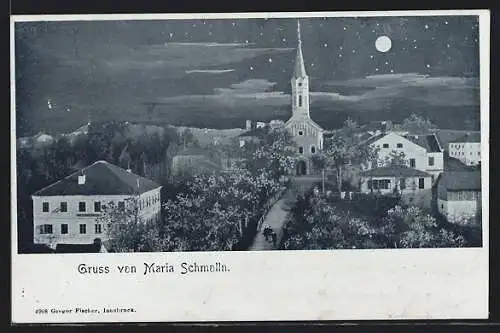 Mondschein-AK Maria Schmolln, Blick zur Kirche bei Nacht